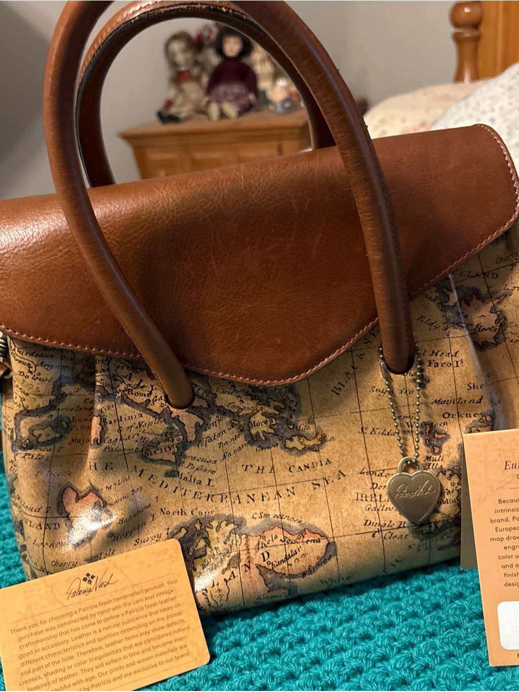 Patricia Nash Map-Print Satchel With Brown Leather Trim